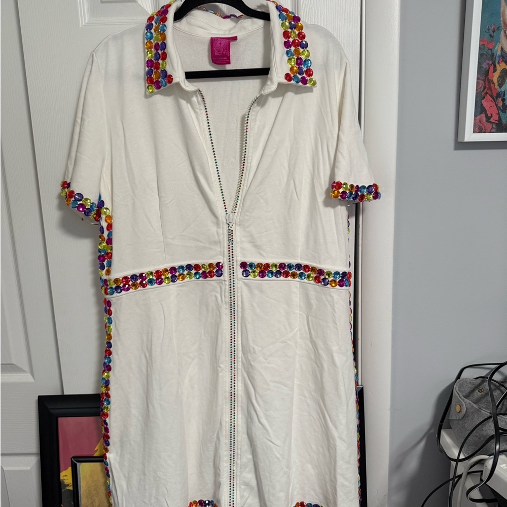 QUEEN OF SPARKLES White Midi Dress with Multicolor Gem Trim